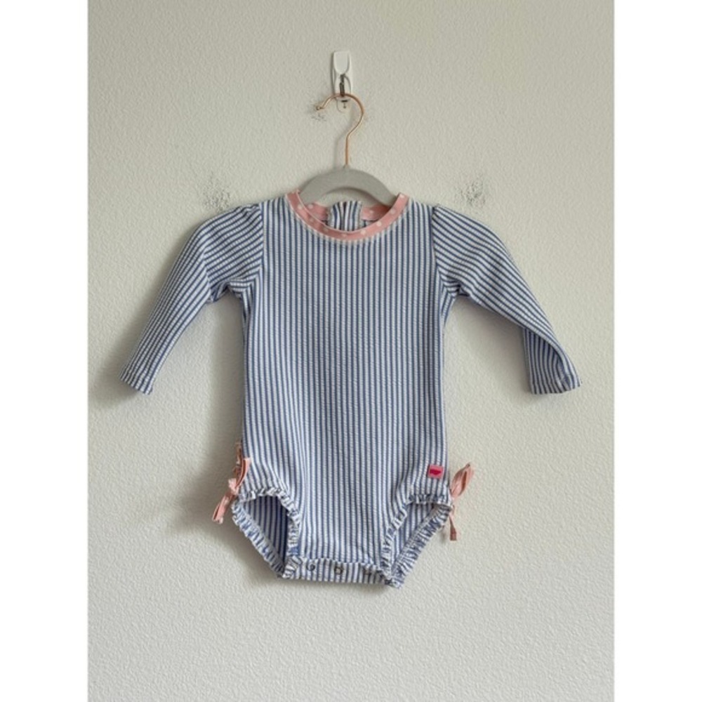 RuffleButts Rash Guard Swimsuit 12-18m Blue Seersucker Stripe Ruffle Sun‎ Suit